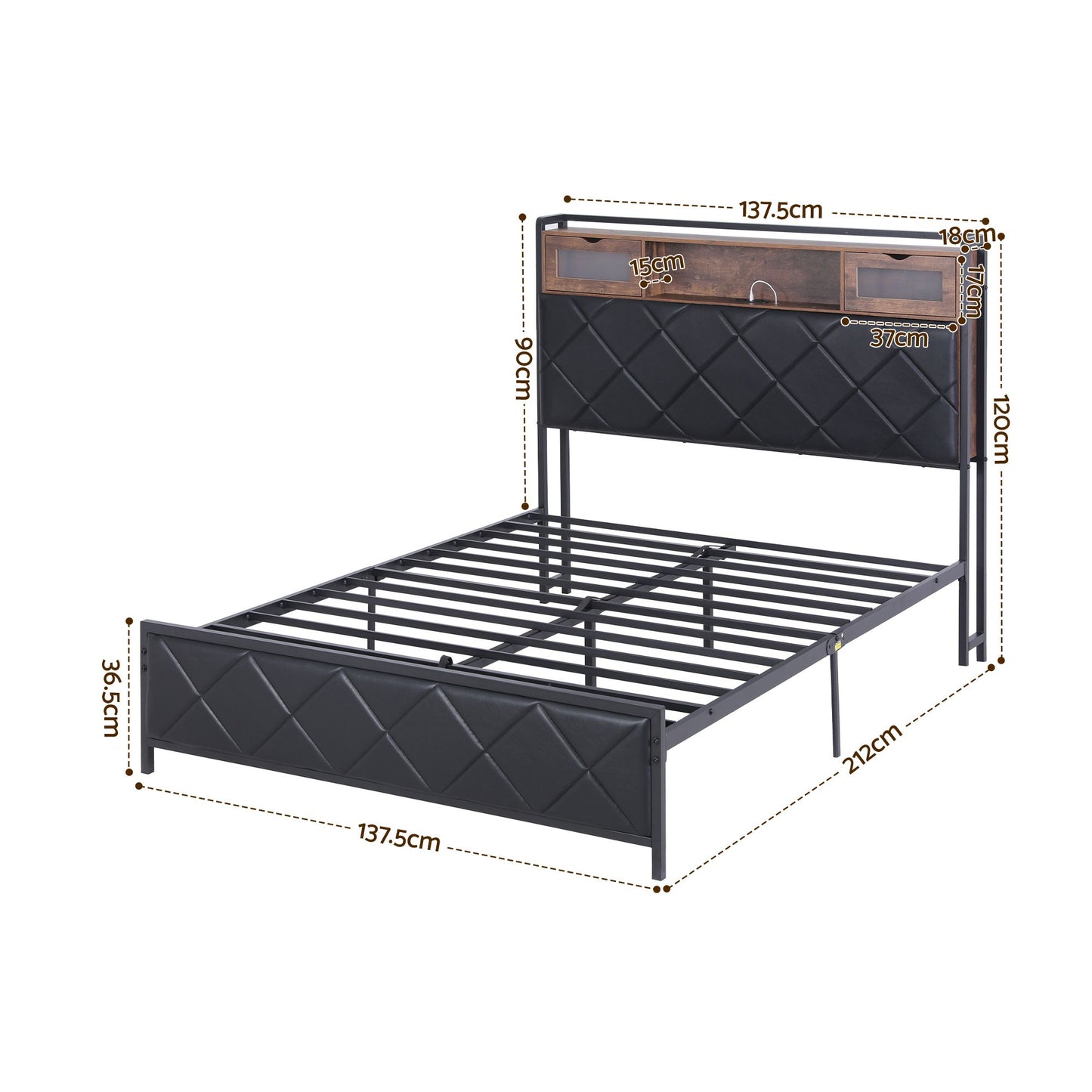 Double Bed Frame with LED Lights and Storage Headboard – USB & AC Charging Station