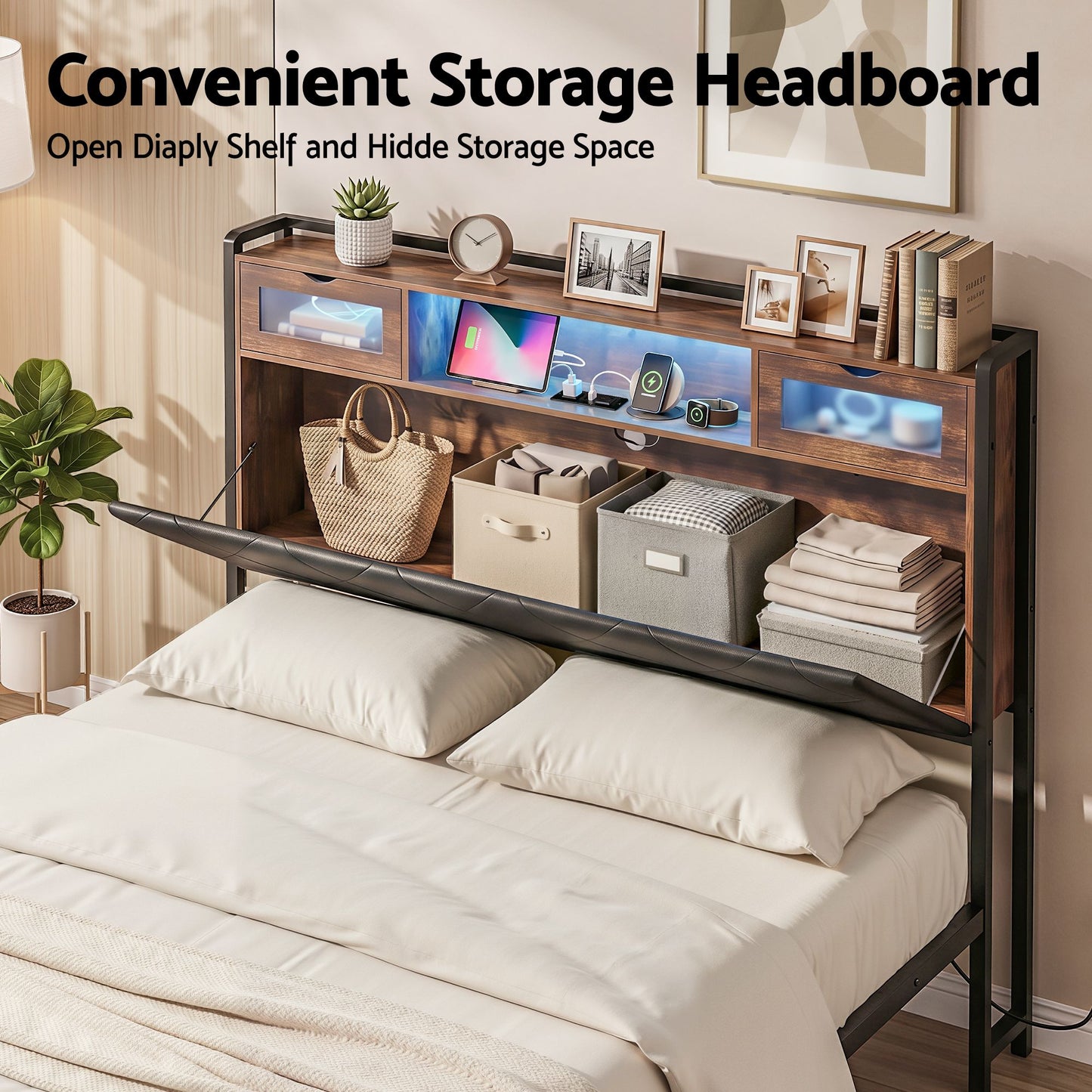 Double Bed Frame with LED Lights and Storage Headboard – USB & AC Charging Station
