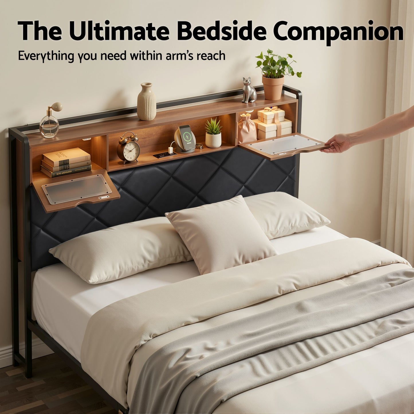 Double Bed Frame with LED Lights and Storage Headboard – USB & AC Charging Station
