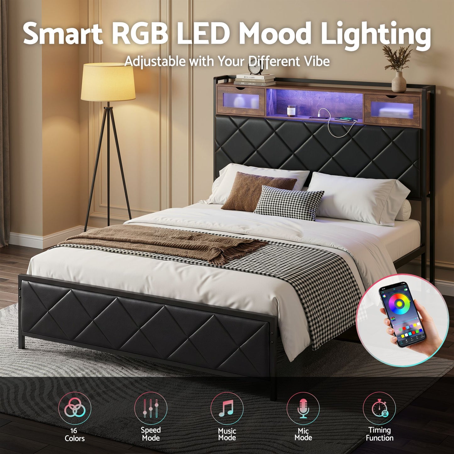 Double Bed Frame with LED Lights and Storage Headboard – USB & AC Charging Station