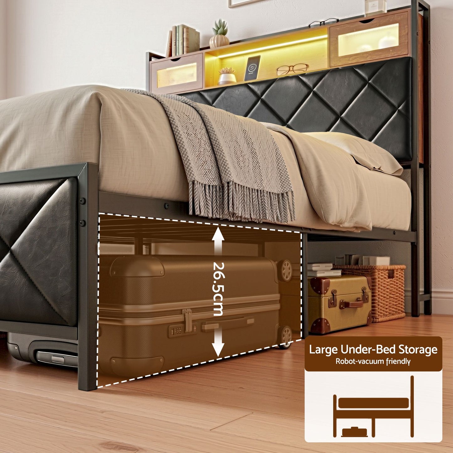 Double Bed Frame with LED Lights and Storage Headboard – USB & AC Charging Station
