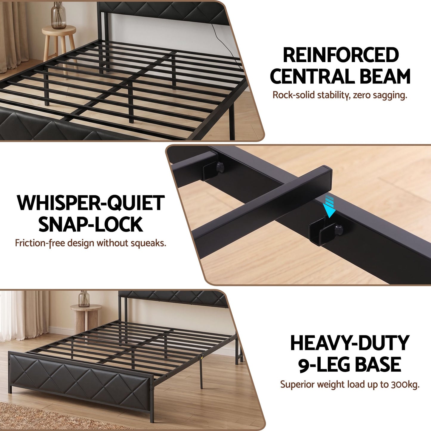 Double Bed Frame with LED Lights and Storage Headboard – USB & AC Charging Station