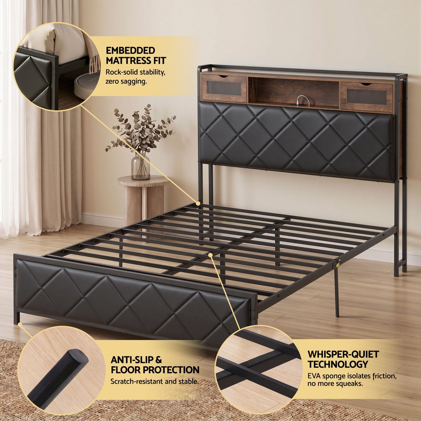 Double Bed Frame with LED Lights and Storage Headboard – USB & AC Charging Station