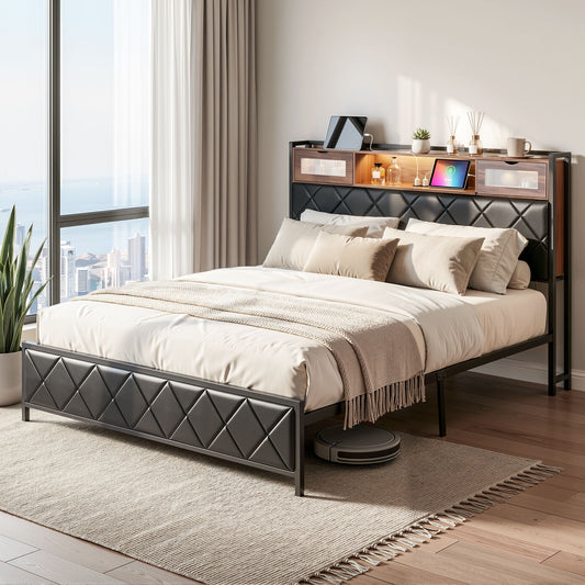 King Bed Frame with LED Lights and Storage Headboard – PU Leather, Charging Station