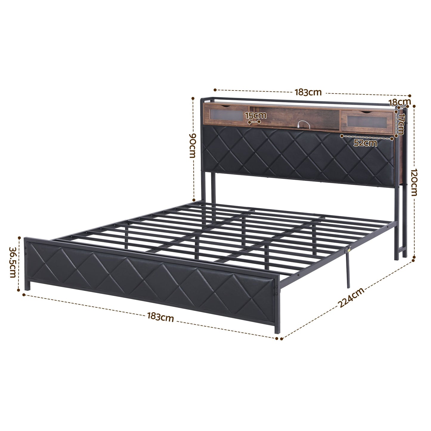 King Bed Frame with LED Lights and Storage Headboard – PU Leather, Charging Station