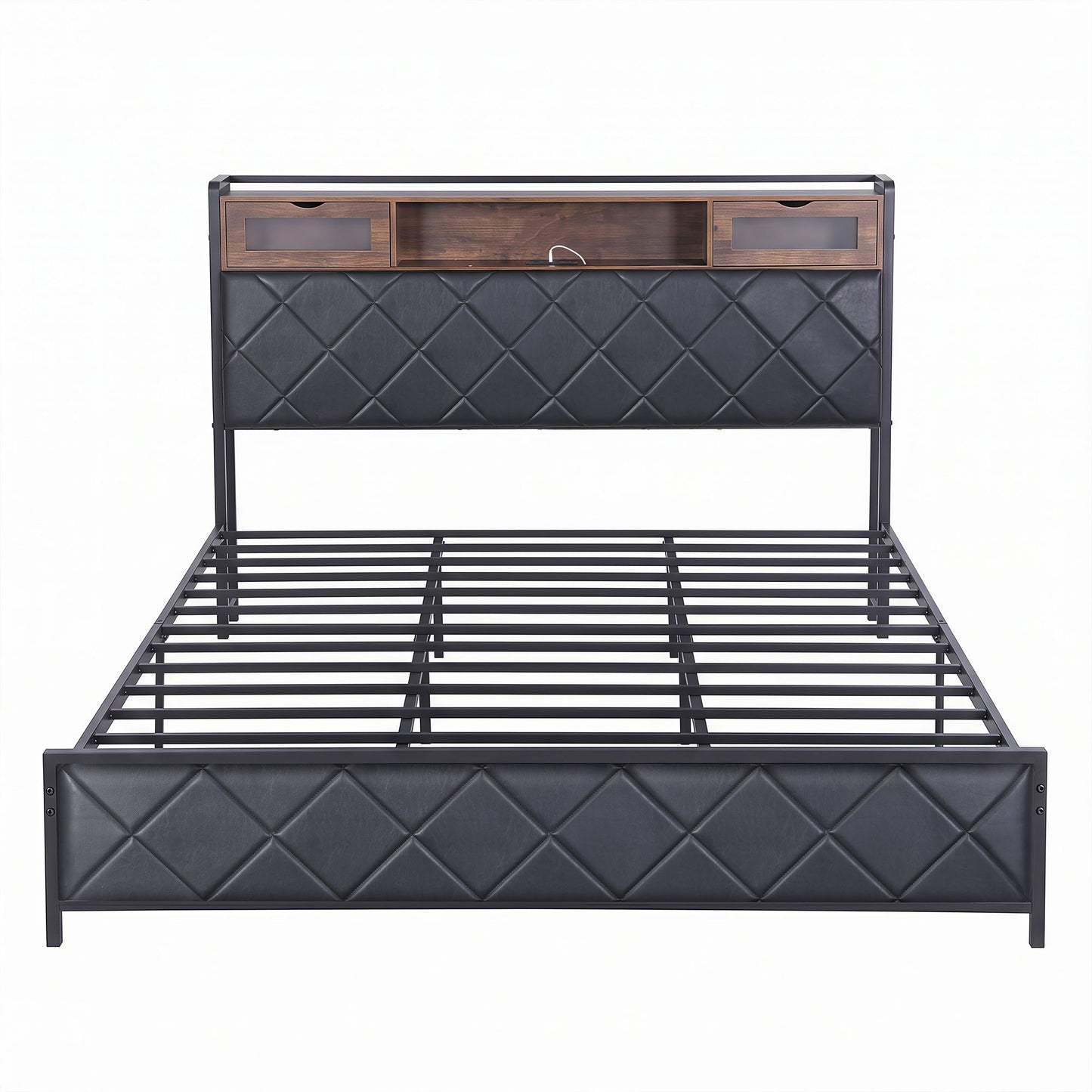 King Bed Frame with LED Lights and Storage Headboard – PU Leather, Charging Station