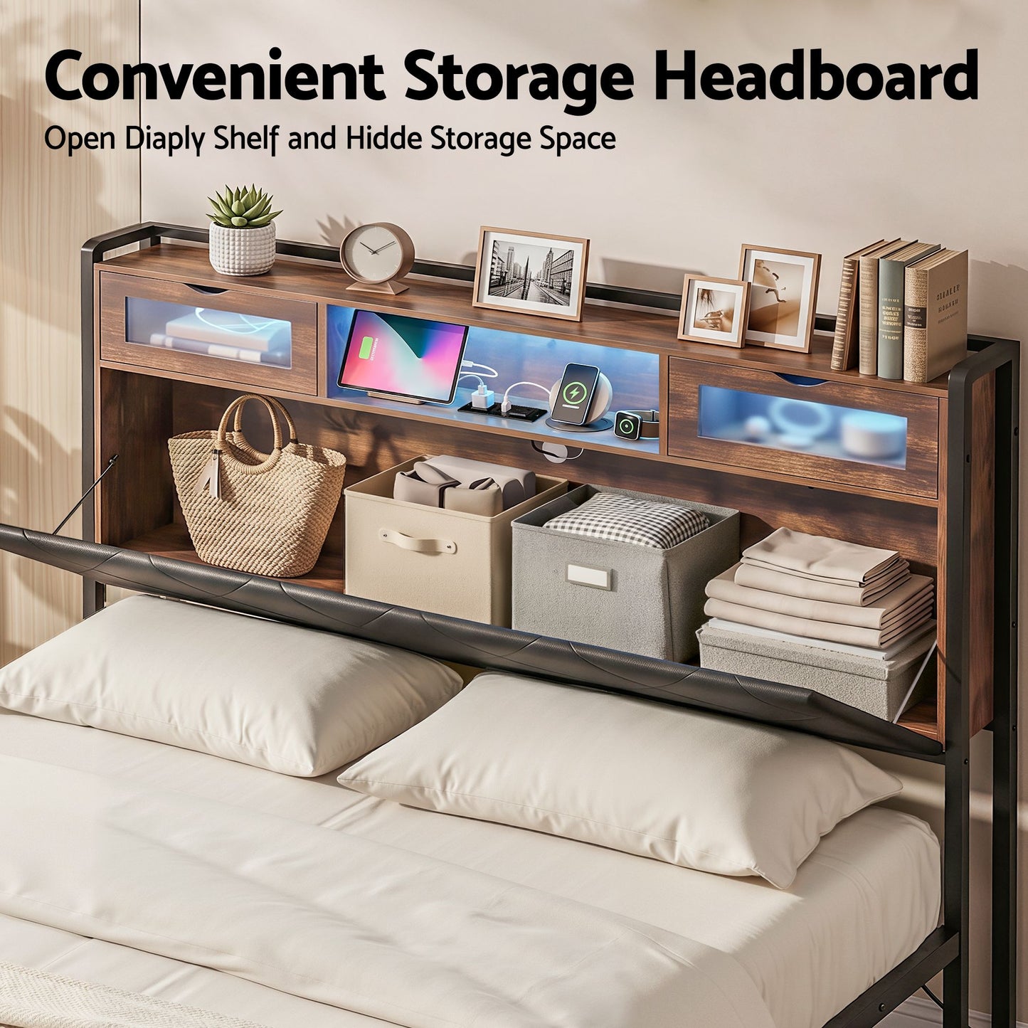 King Bed Frame with LED Lights and Storage Headboard – PU Leather, Charging Station
