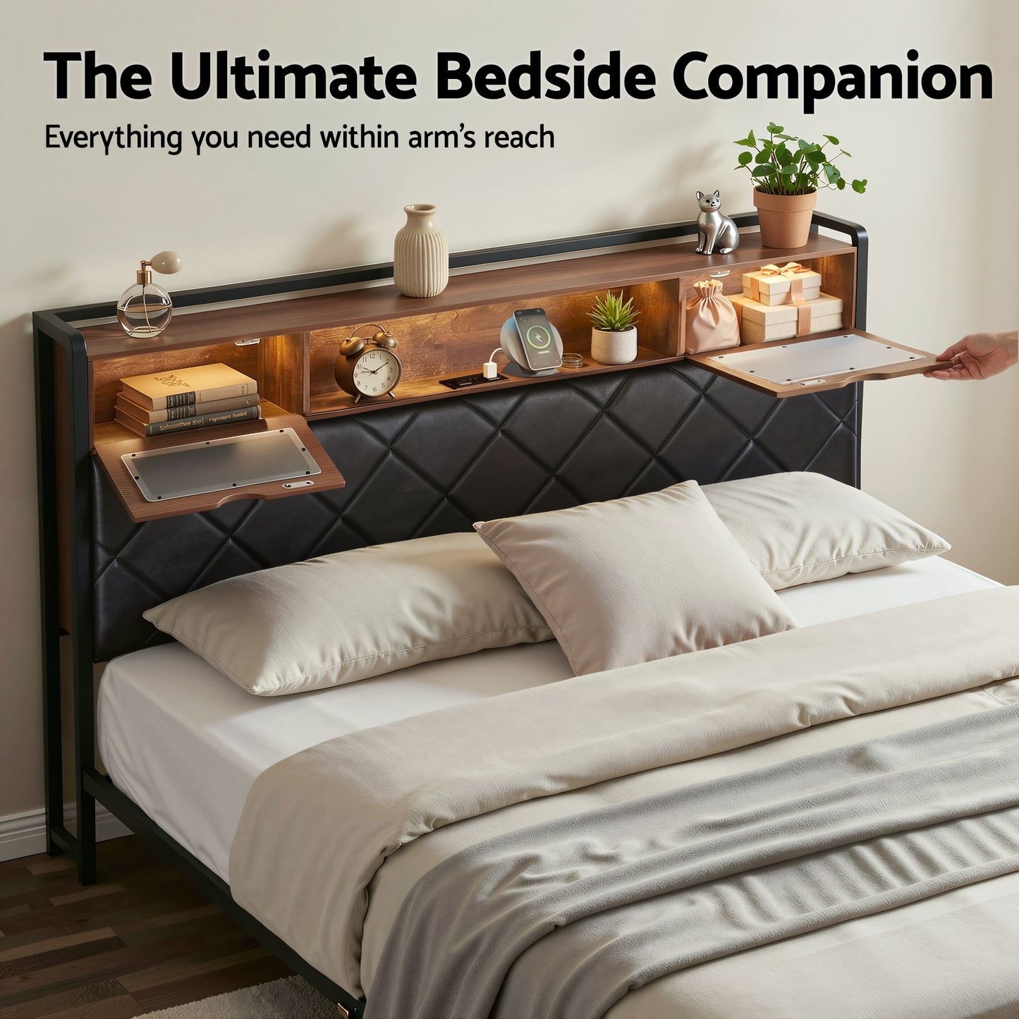King Bed Frame with LED Lights and Storage Headboard – PU Leather, Charging Station