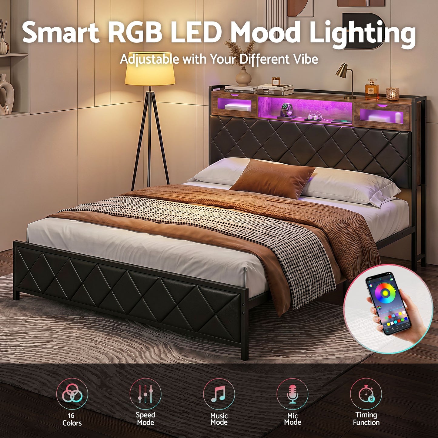 King Bed Frame with LED Lights and Storage Headboard – PU Leather, Charging Station