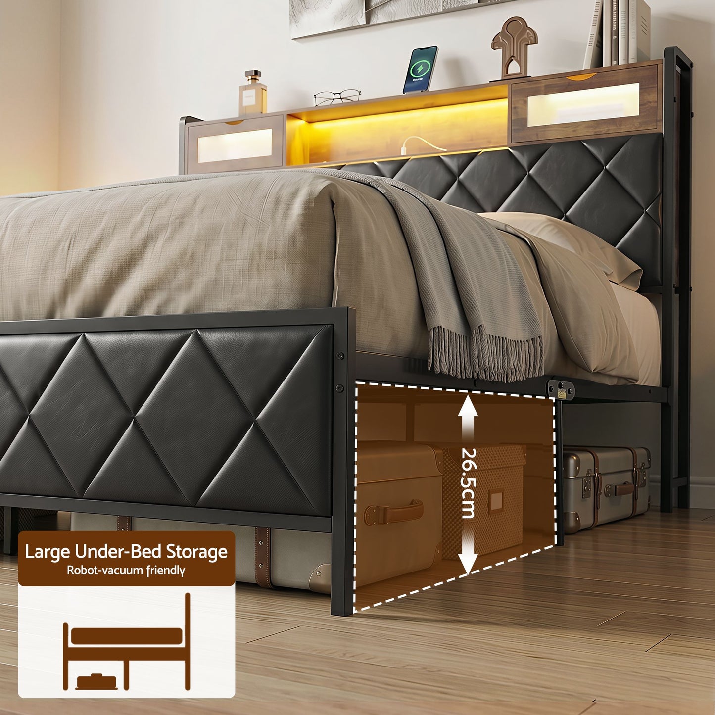 King Bed Frame with LED Lights and Storage Headboard – PU Leather, Charging Station