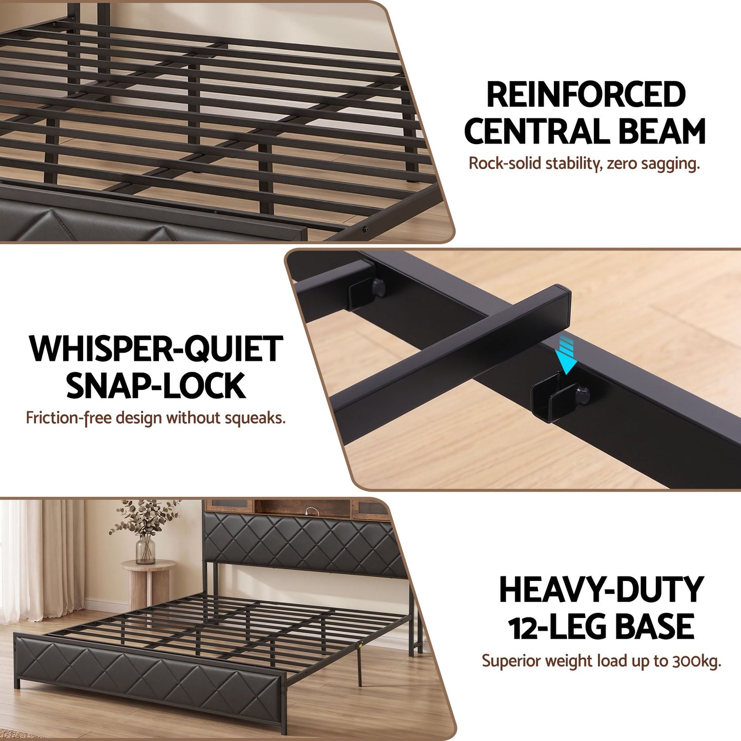King Bed Frame with LED Lights and Storage Headboard – PU Leather, Charging Station
