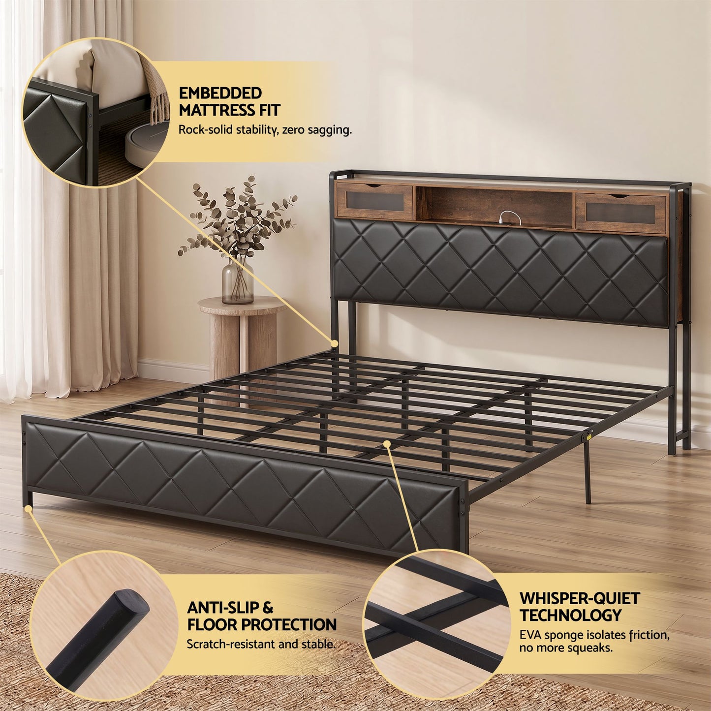King Bed Frame with LED Lights and Storage Headboard – PU Leather, Charging Station