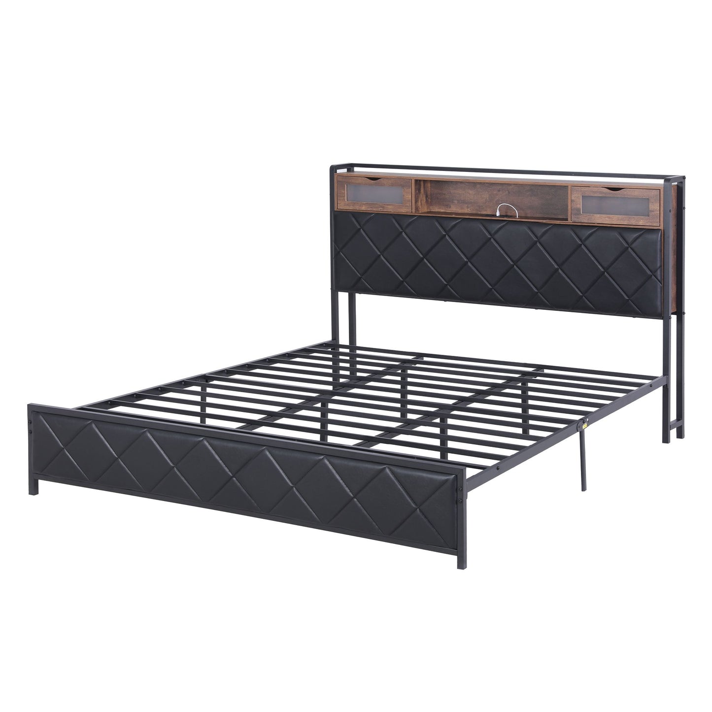 King Bed Frame with LED Lights and Storage Headboard – PU Leather, Charging Station