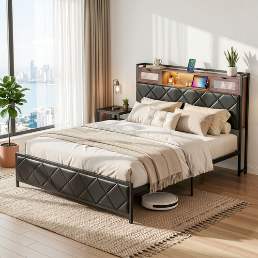 Queen Bed Frame with LED Lights and Storage Headboard, PU Leather Upholstered