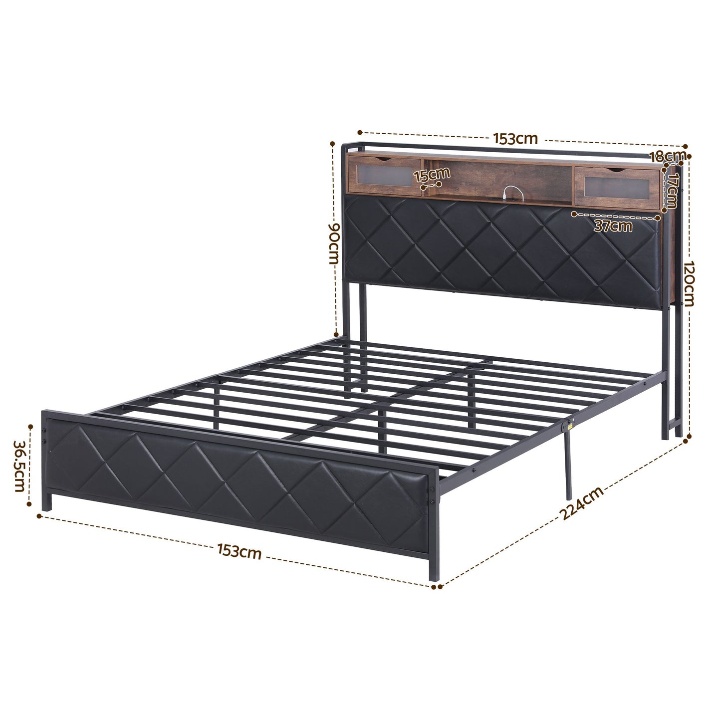 Queen Bed Frame with LED Lights and Storage Headboard, PU Leather Upholstered