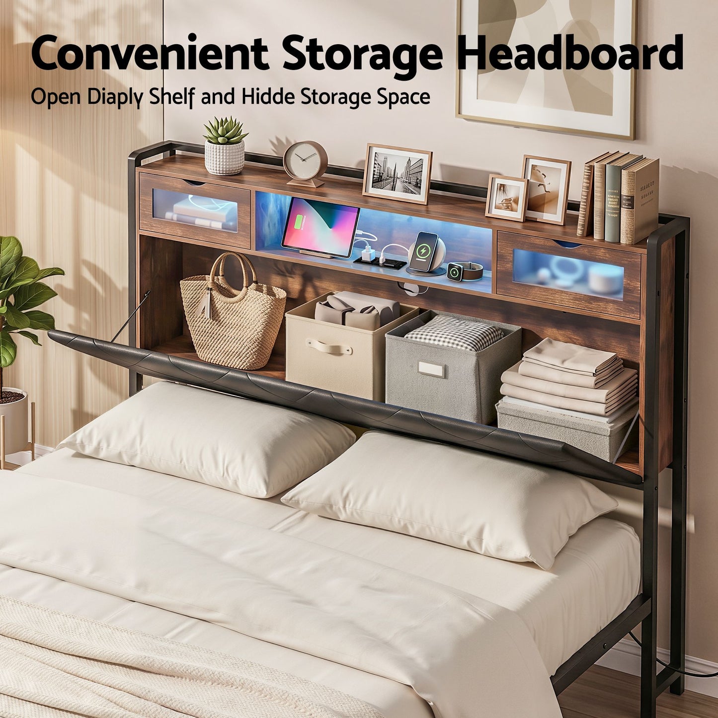 Queen Bed Frame with LED Lights and Storage Headboard, PU Leather Upholstered