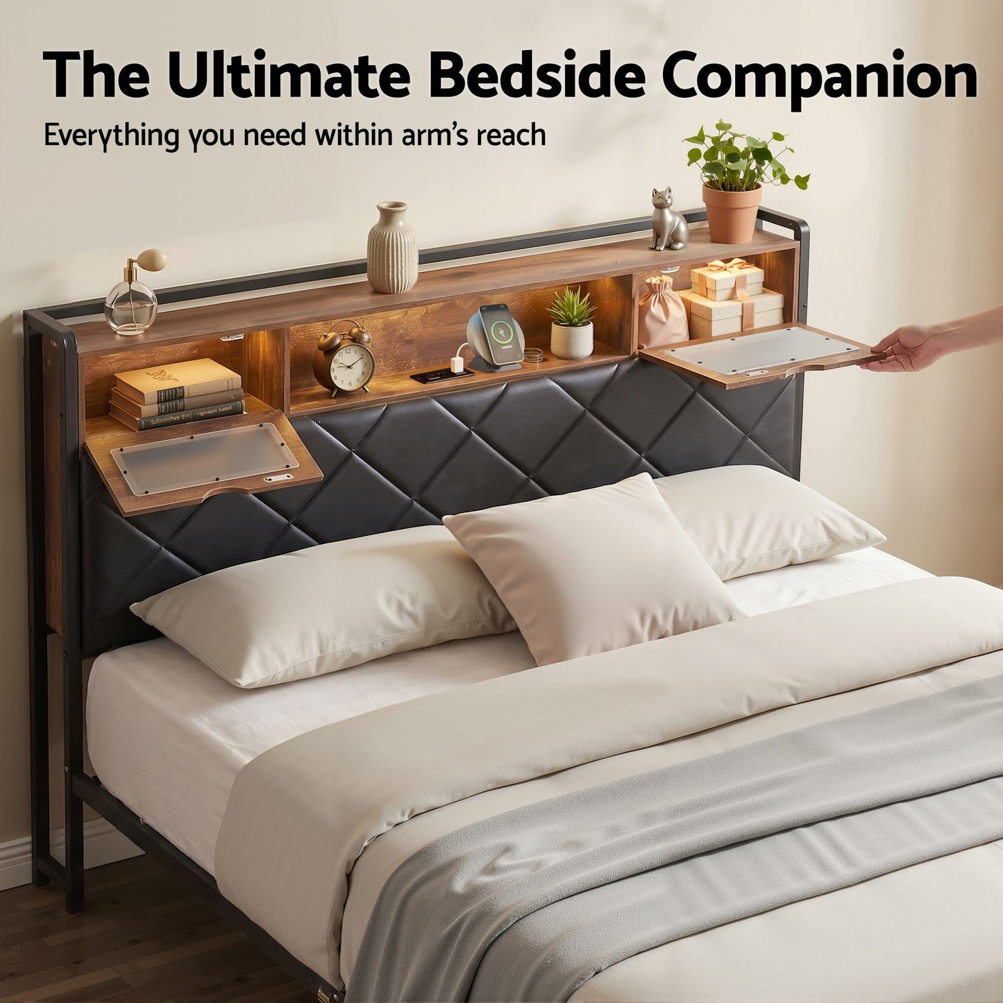 Queen Bed Frame with LED Lights and Storage Headboard, PU Leather Upholstered