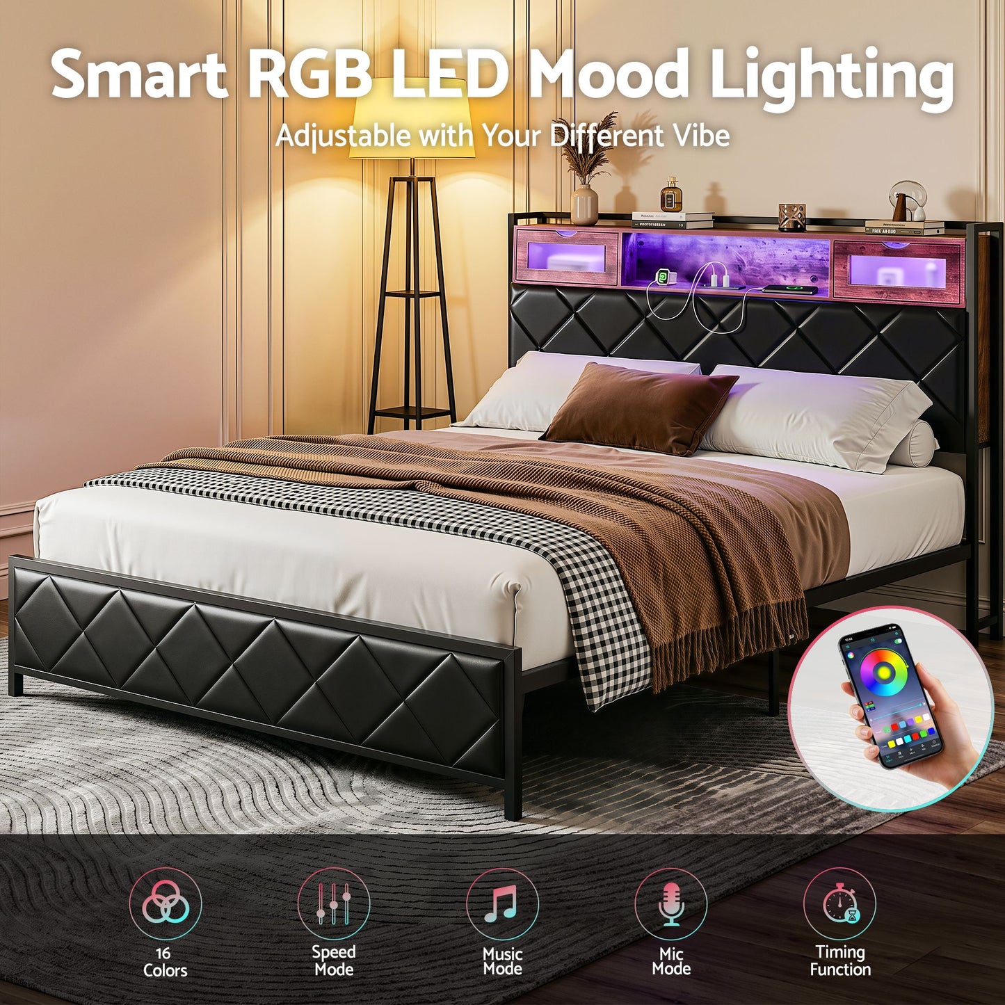 Queen Bed Frame with LED Lights and Storage Headboard, PU Leather Upholstered