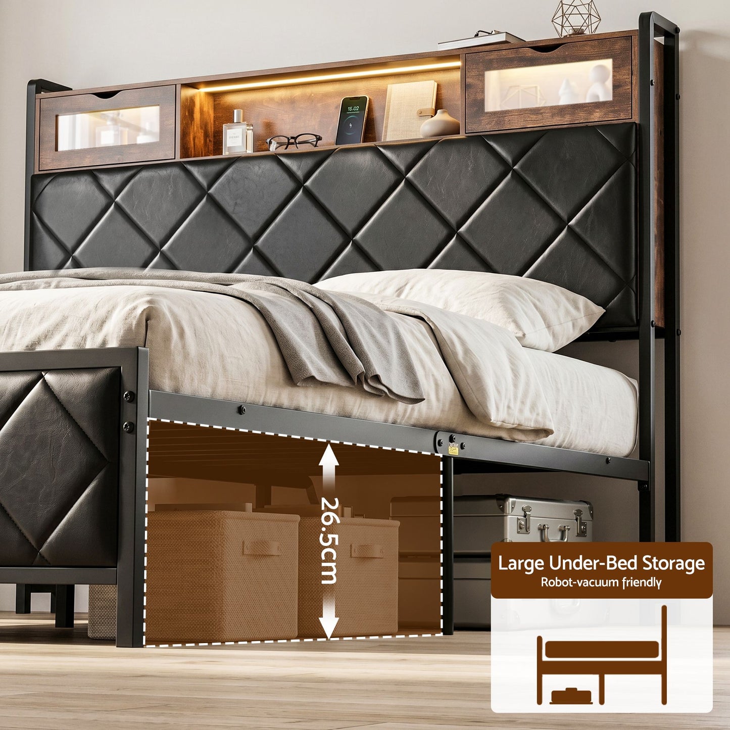 Queen Bed Frame with LED Lights and Storage Headboard, PU Leather Upholstered