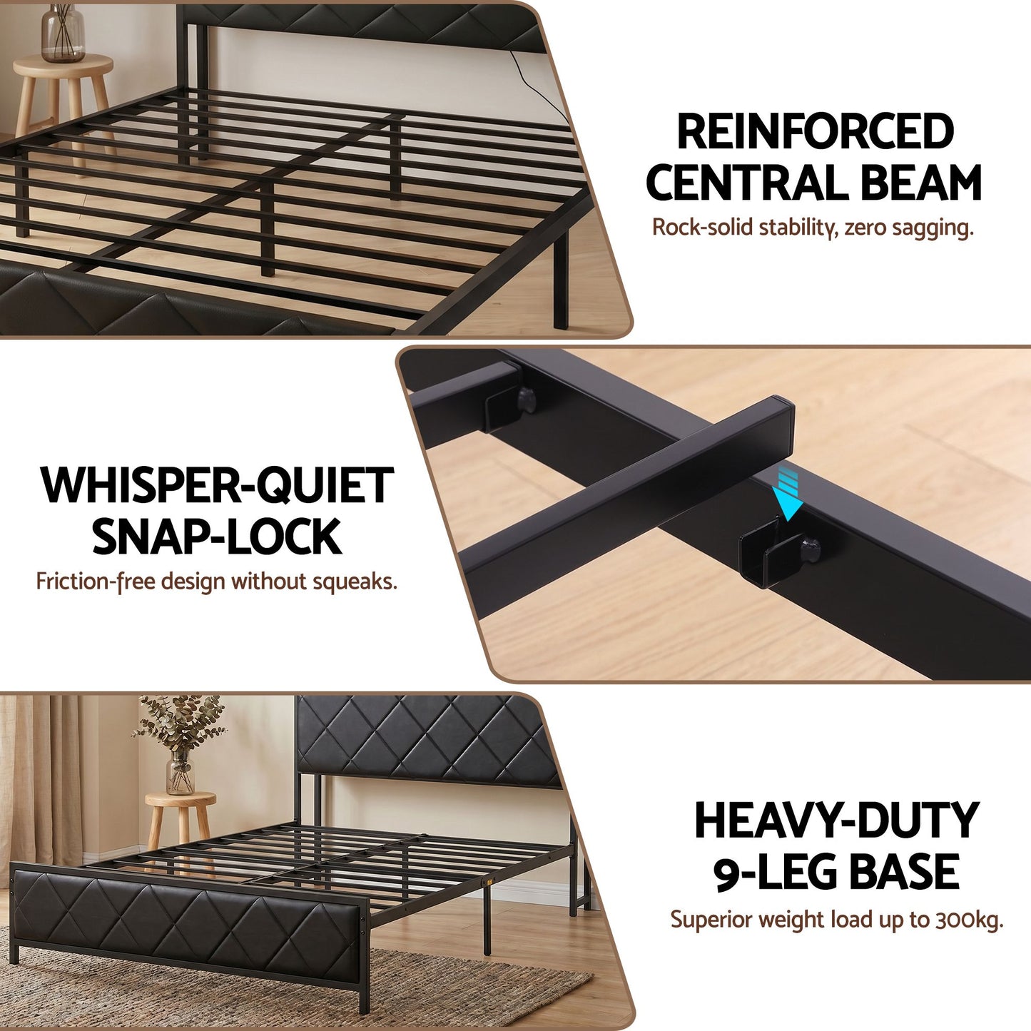 Queen Bed Frame with LED Lights and Storage Headboard, PU Leather Upholstered