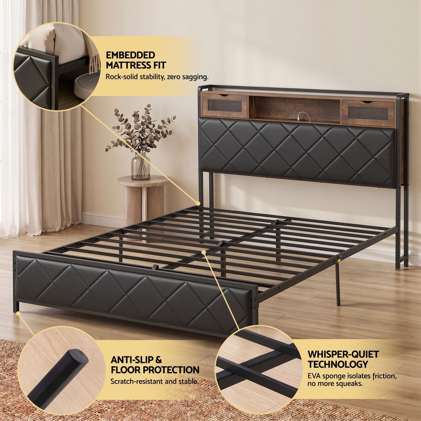 Queen Bed Frame with LED Lights and Storage Headboard, PU Leather Upholstered