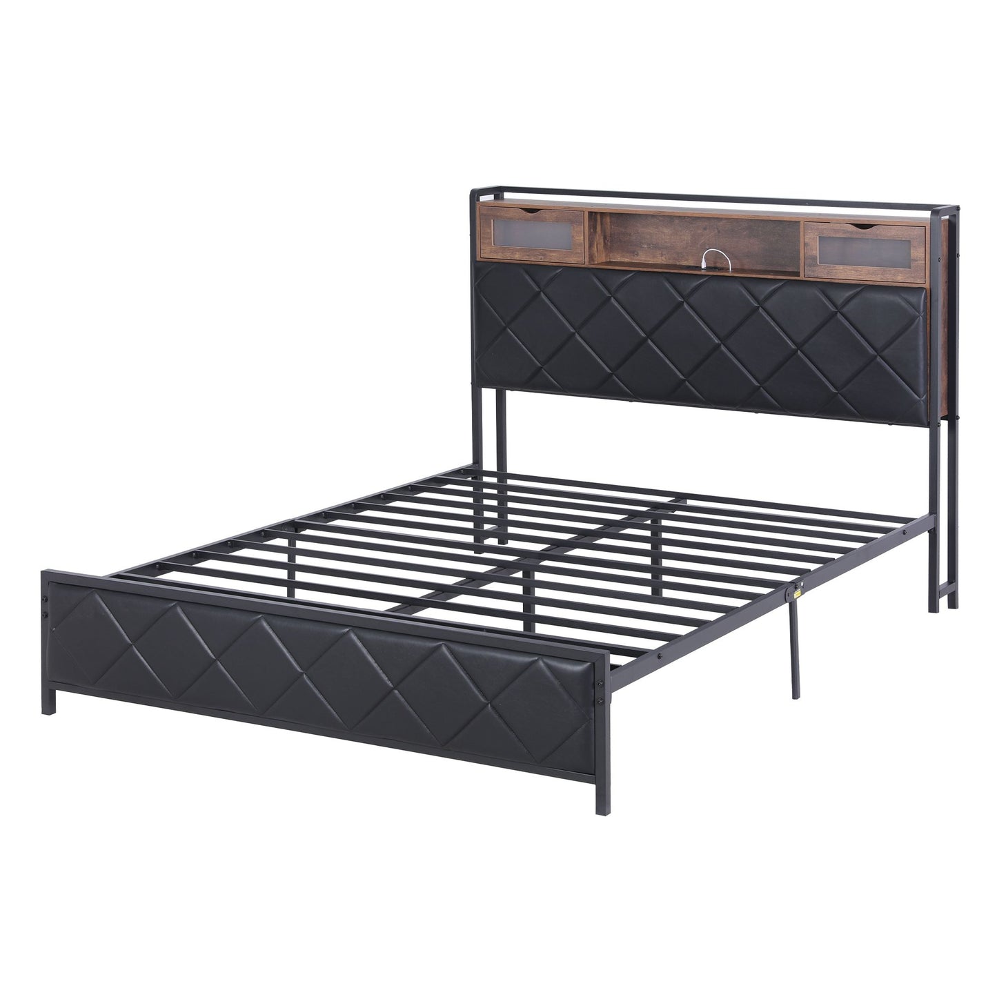 Queen Bed Frame with LED Lights and Storage Headboard, PU Leather Upholstered