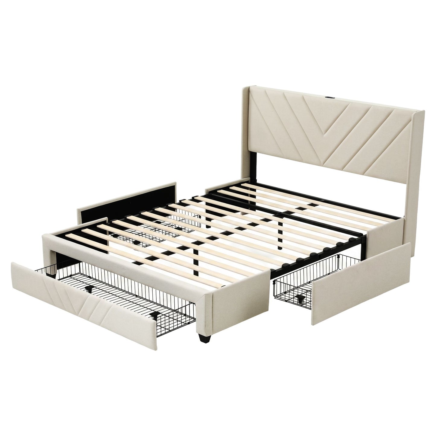 TWSC  Double Bed Frame with Charging Station and Storage Drawers Beige 300KG Noise Free