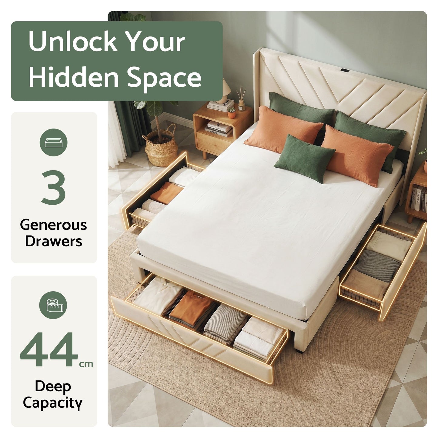 TWSC  Double Bed Frame with Charging Station and Storage Drawers Beige 300KG Noise Free