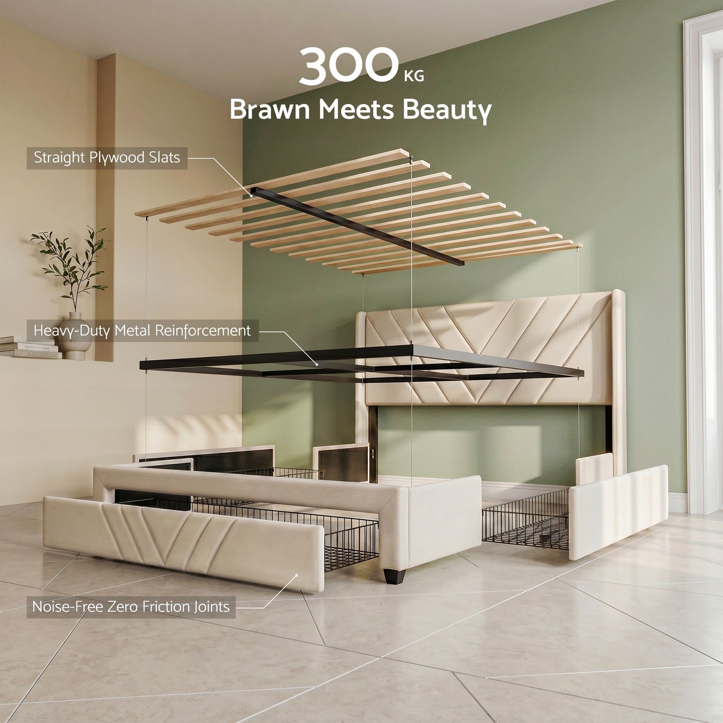 TWSC  Double Bed Frame with Charging Station and Storage Drawers Beige 300KG Noise Free