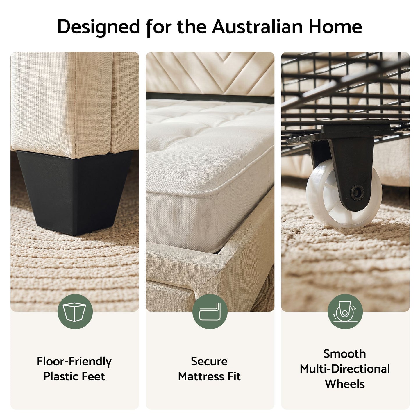 TWSC  Double Bed Frame with Charging Station and Storage Drawers Beige 300KG Noise Free