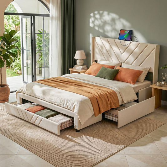 TWSC  King Bed Frame with Charging Station and Storage Drawers Beige 300KG Noise Free