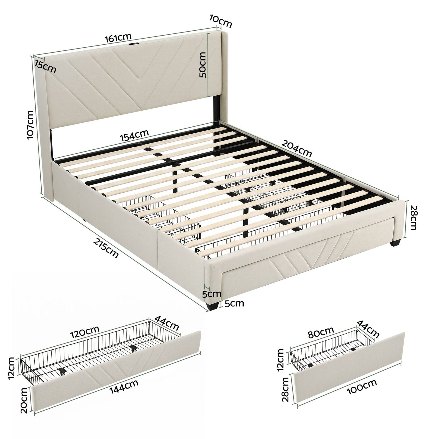 TWSC  Queen Bed Frame with Charging Station and Storage Drawers Beige 300KG Noise Free