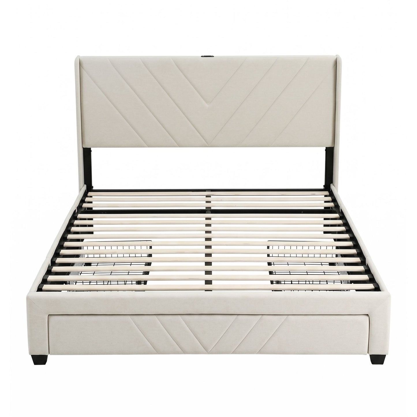 TWSC  Queen Bed Frame with Charging Station and Storage Drawers Beige 300KG Noise Free