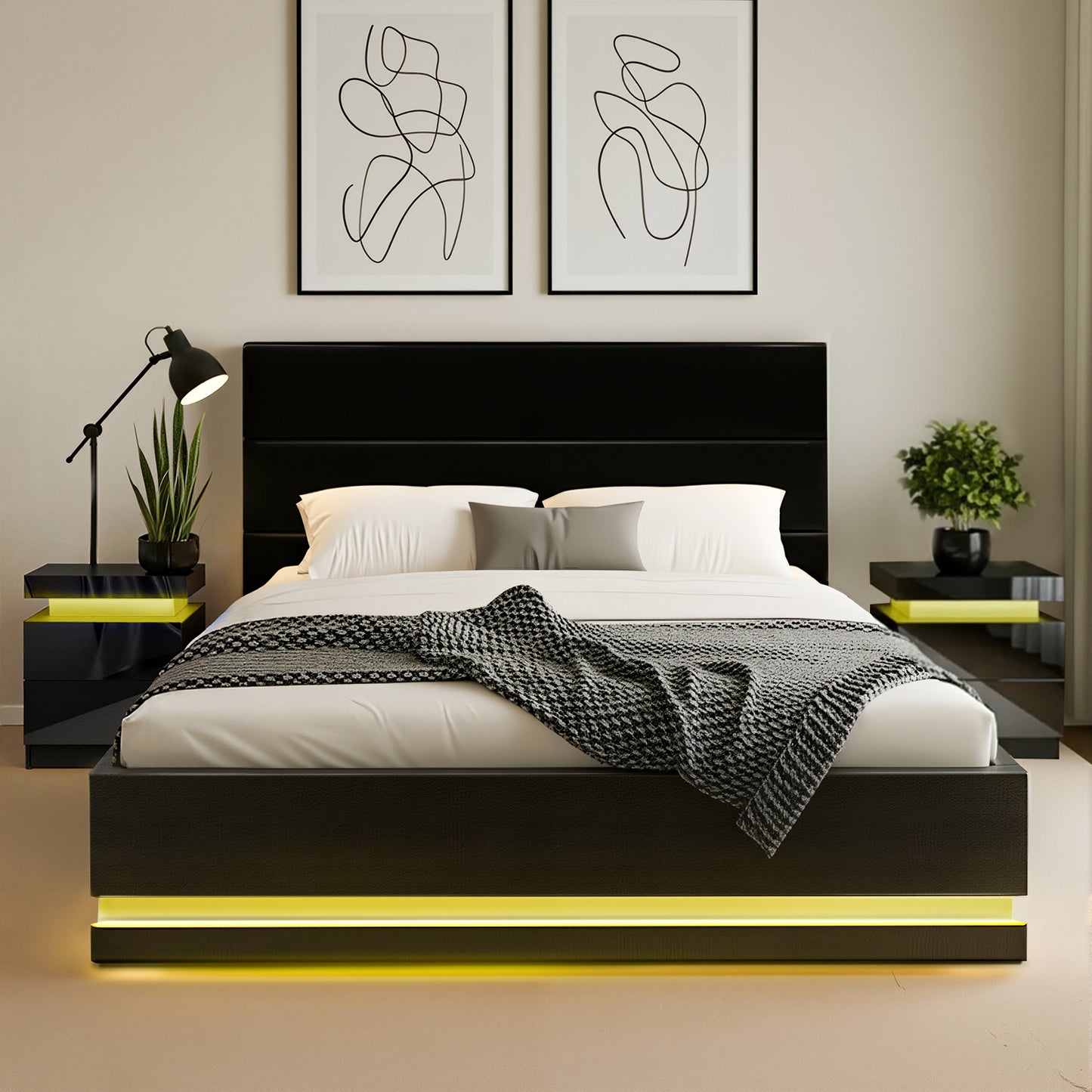 Queen Bed Frame with RGB LED Mood Lighting and Two Beside Tables – Black PVC Leather, 16 Colors