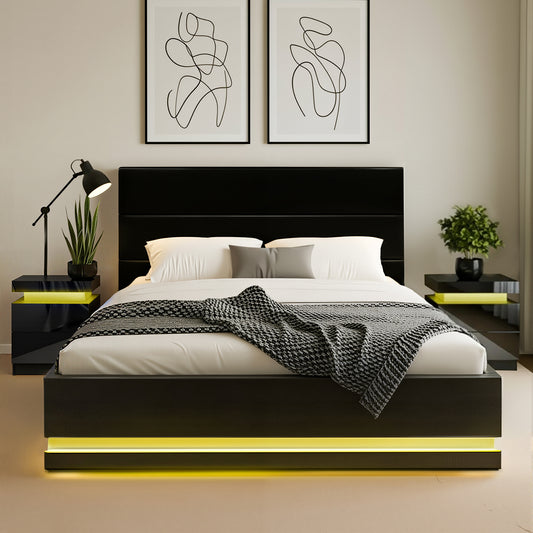 Queen Bed Frame with RGB LED Mood Lighting and Two Beside Tables – Black PVC Leather, 16 Colors