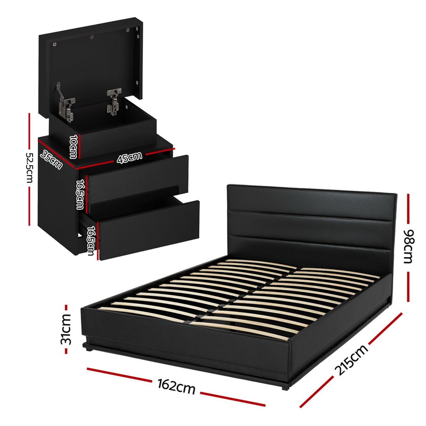 Queen Bed Frame with RGB LED Mood Lighting and Two Beside Tables – Black PVC Leather, 16 Colors
