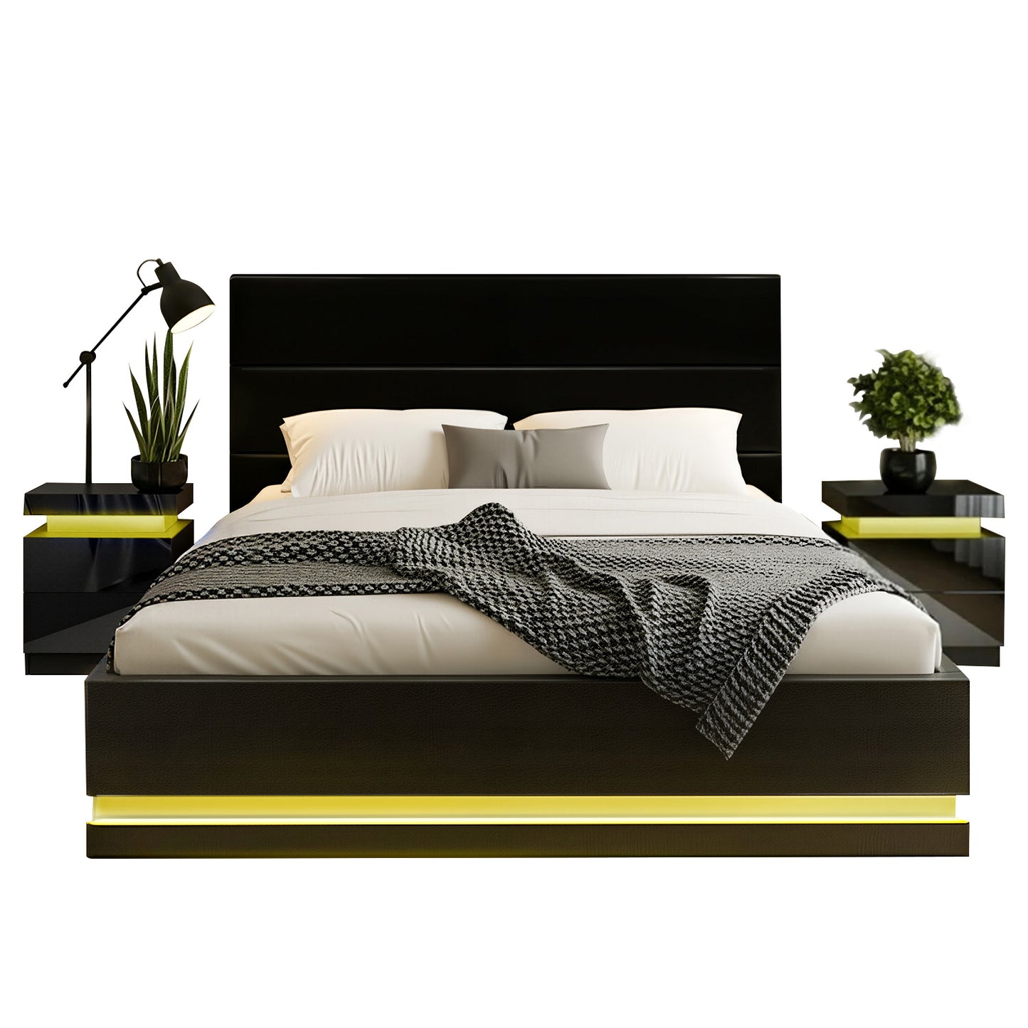 Queen Bed Frame with RGB LED Mood Lighting and Two Beside Tables – Black PVC Leather, 16 Colors