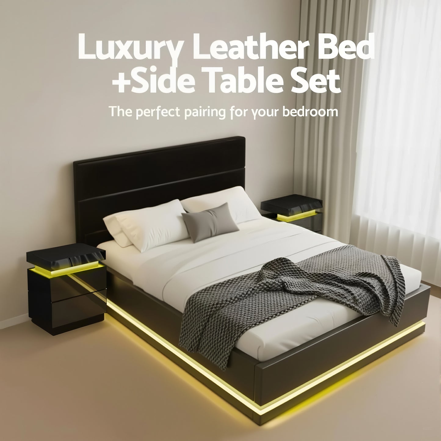 Queen Bed Frame with RGB LED Mood Lighting and Two Beside Tables – Black PVC Leather, 16 Colors