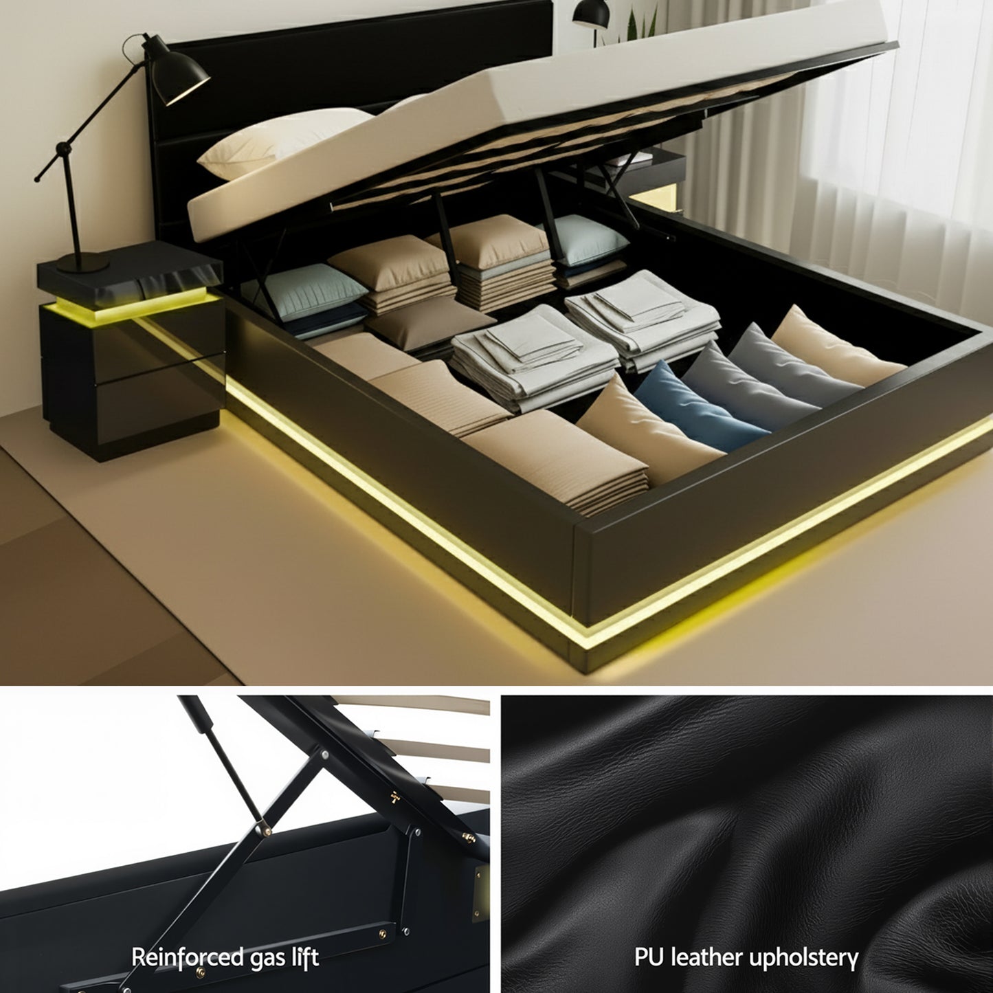Queen Bed Frame with RGB LED Mood Lighting and Two Beside Tables – Black PVC Leather, 16 Colors