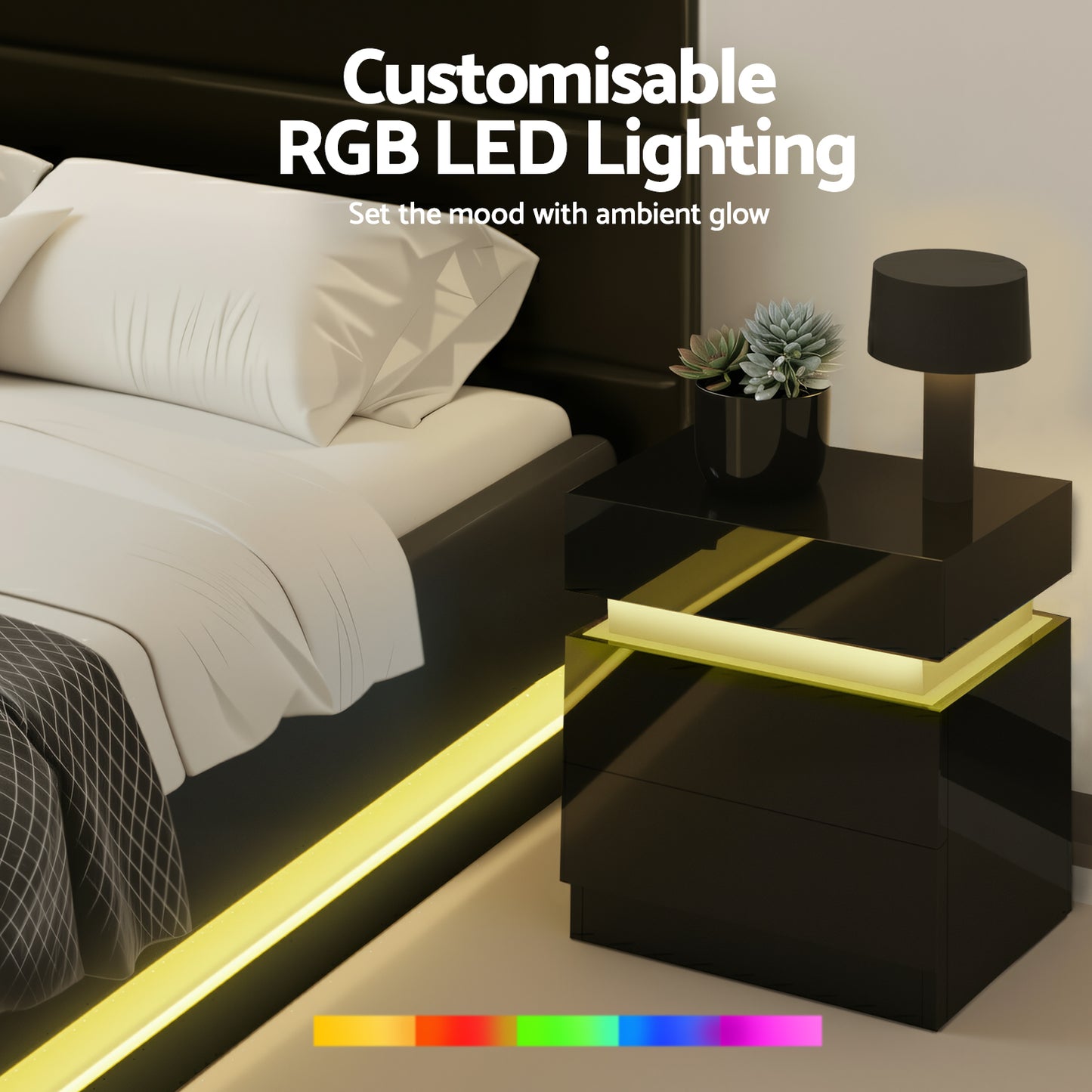 Queen Bed Frame with RGB LED Mood Lighting and Two Beside Tables – Black PVC Leather, 16 Colors