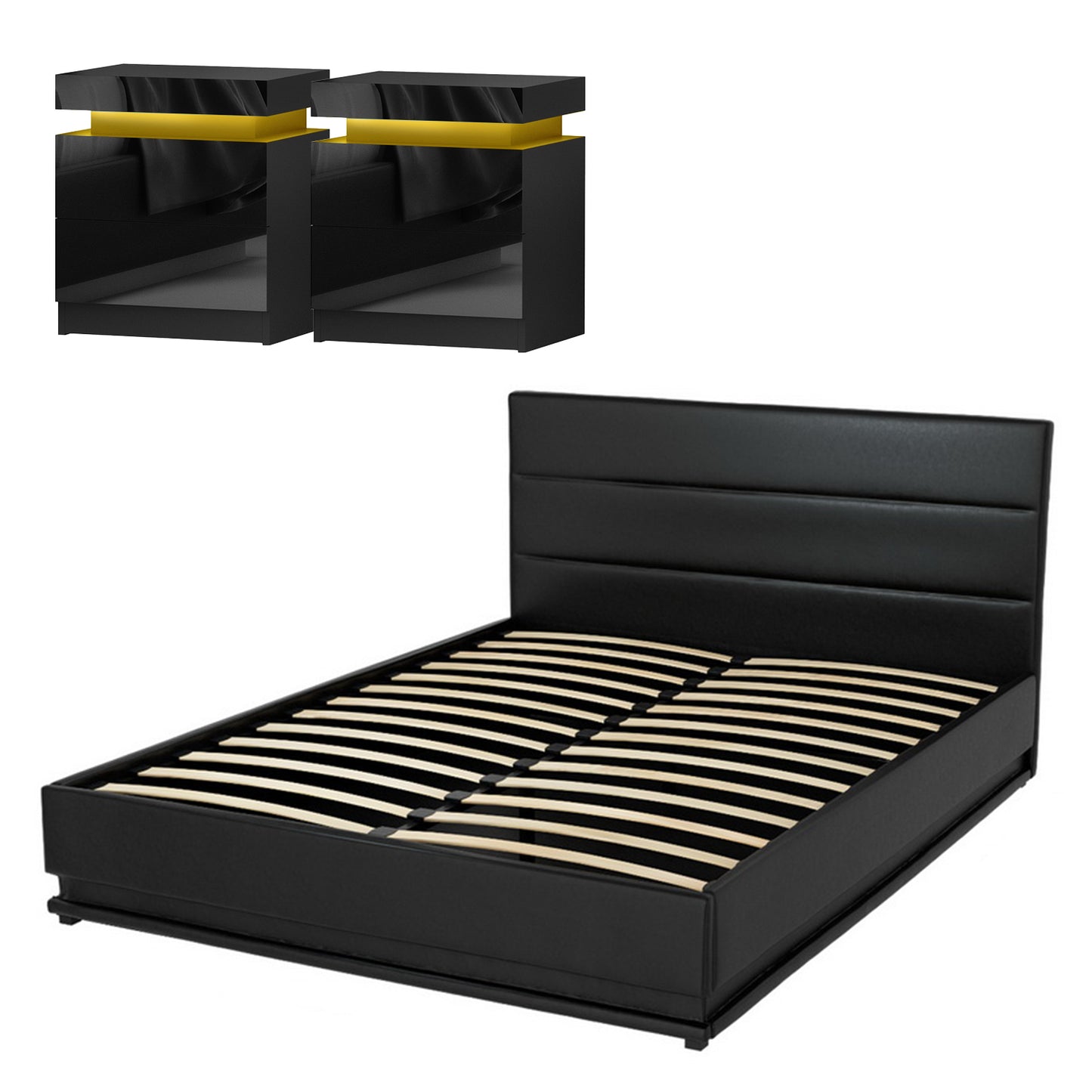 Queen Bed Frame with RGB LED Mood Lighting and Two Beside Tables – Black PVC Leather, 16 Colors