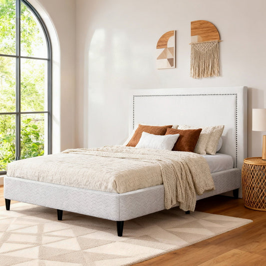 Queen Bed Frame with Fabric Headboard – Metal Platform Base, Grey Beige