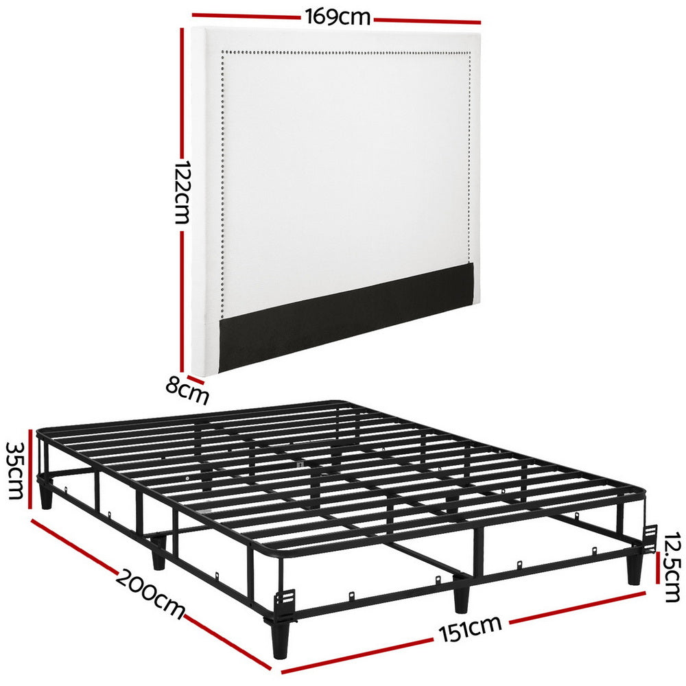 Queen Bed Frame with Fabric Headboard – Metal Platform Base, Grey Beige