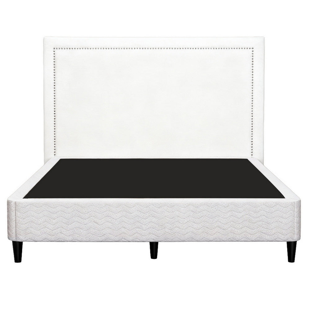 Queen Bed Frame with Fabric Headboard – Metal Platform Base, Grey Beige