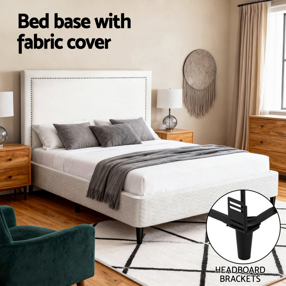 Queen Bed Frame with Fabric Headboard – Metal Platform Base, Grey Beige
