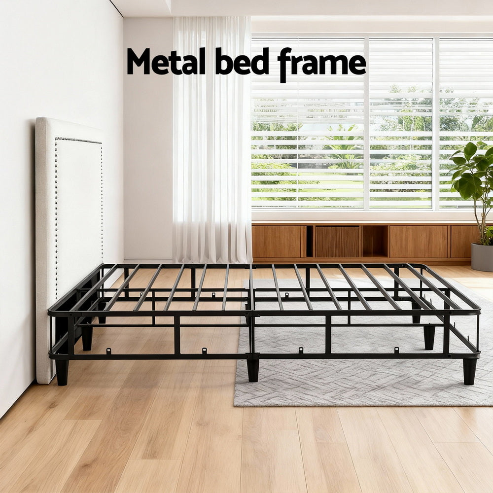 Queen Bed Frame with Fabric Headboard – Metal Platform Base, Grey Beige
