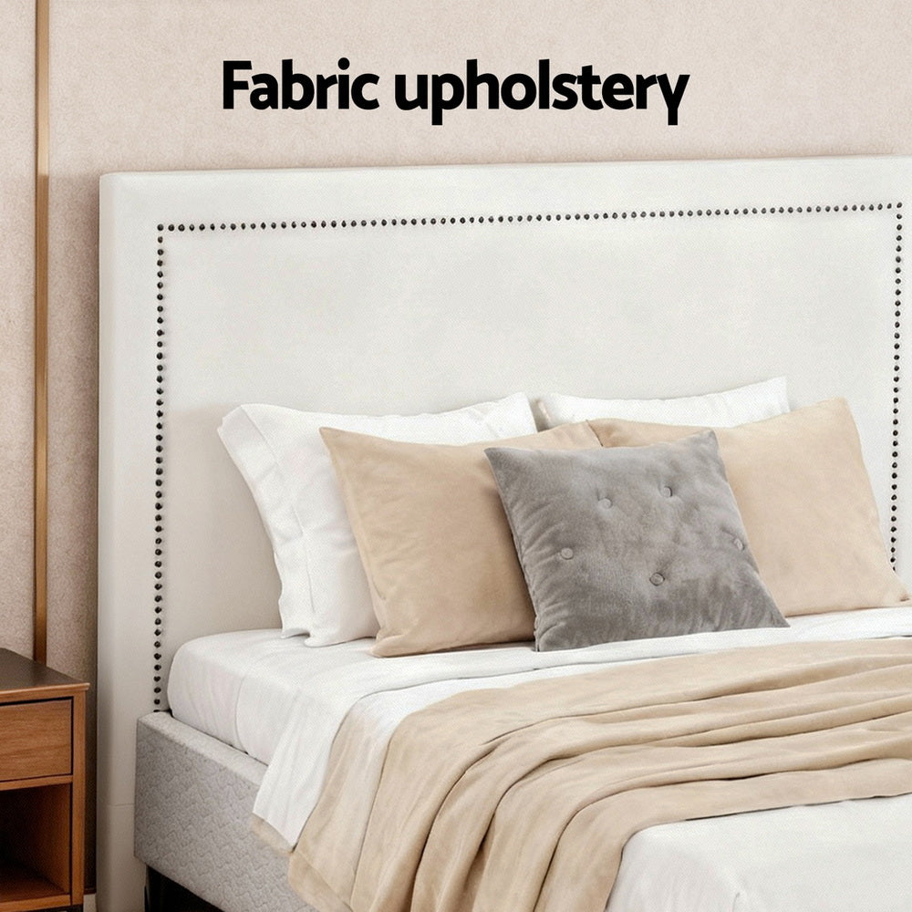 Queen Bed Frame with Fabric Headboard – Metal Platform Base, Grey Beige