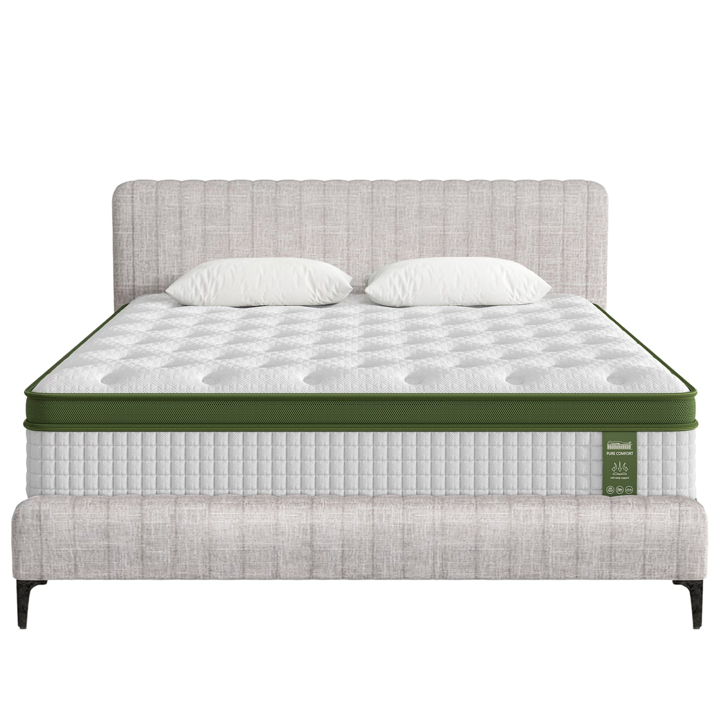 BedStory King Bed Frame and Mattress Set – Upholstered Linen, Pocket Coil Mattress, Beige