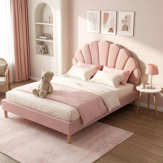 TWSC Double Bed Frame and Round Coffee Table Set Pink Velvet Bedhead with Wooden Side Table