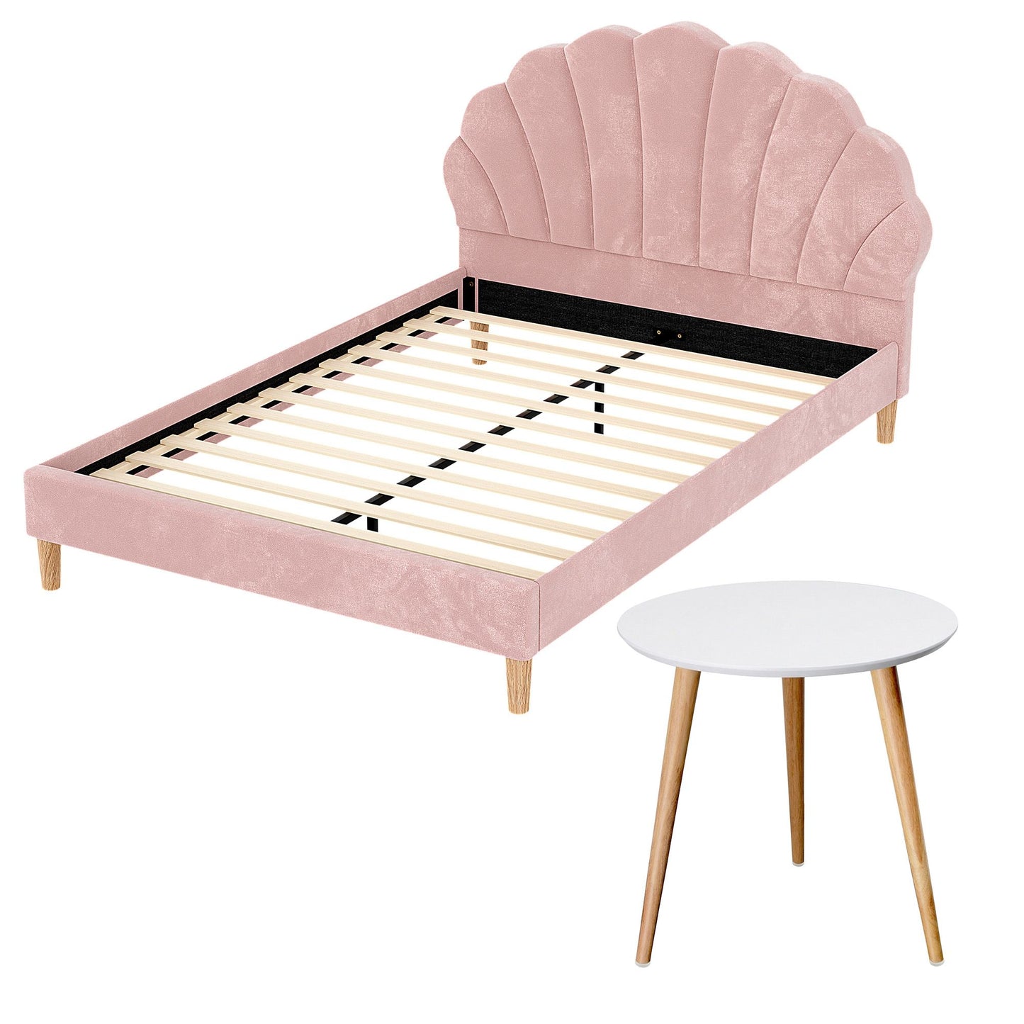 TWSC Double Bed Frame and Round Coffee Table Set Pink Velvet Bedhead with Wooden Side Table
